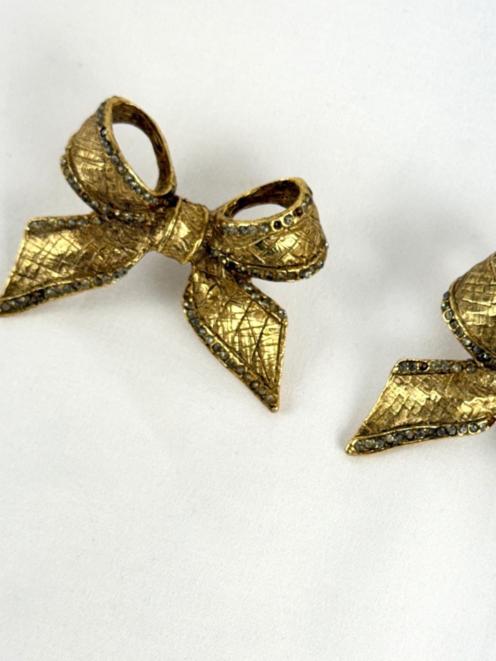 2 Vintage Ornate Gold Tone Metal Bows with Tiny Rhinestones Embellishments Studs